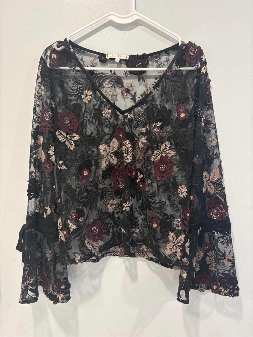 Willow & Clay Sheer Floral Embroidered V-Neck Top - Black with Burgundy & Cream